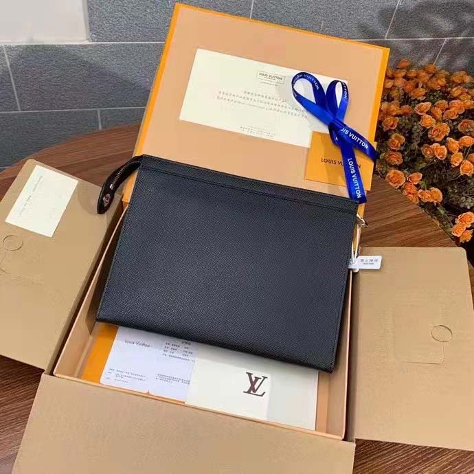 Louis Vuitton LV Unisex Pochette Voyage MM Black Taiga Cowhide Leather