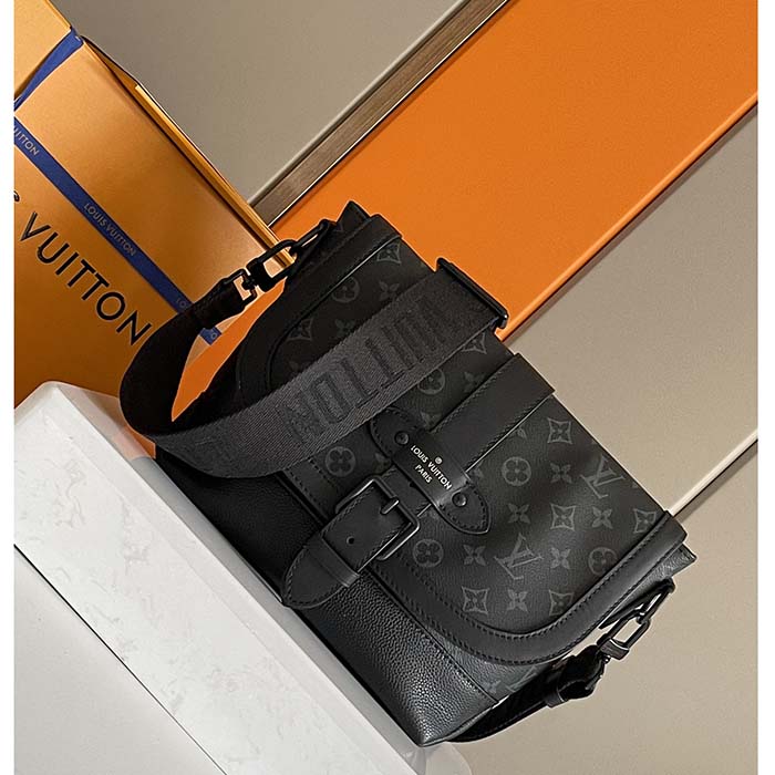Louis Vuitton LV Unisex Saumur Messenger Monogram Eclipse Coated Canvas Black Leather