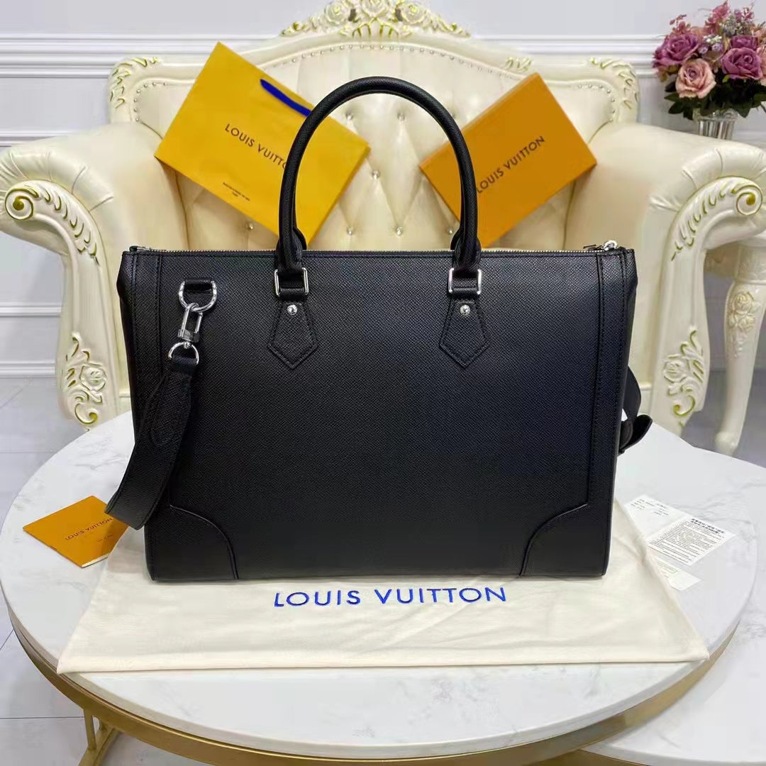Louis Vuitton LV Unisex Slim Briefcase Black Taiga Cowhide Leather