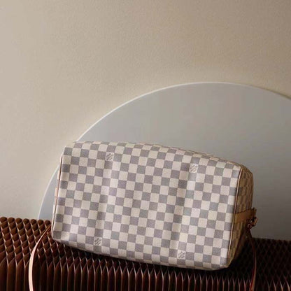Louis Vuitton LV Unisex Speedy 30 Damier Azur Coated Canvas Natural Cowhide Leather