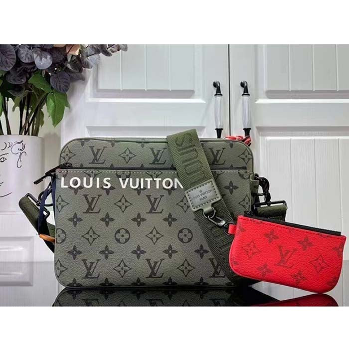 Louis Vuitton LV Unisex Trio Messenger Khaki Green Vermillion Red Monogram Canvas Cowhide Leather