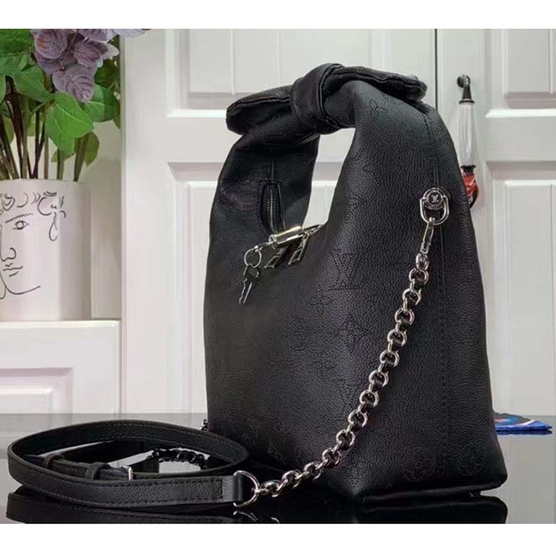 Louis Vuitton LV Women Why Knot PM Handbag Black Perforated Mahina Calf Leather