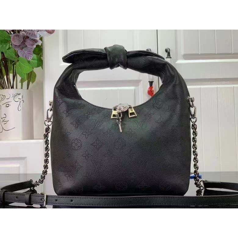 Louis Vuitton LV Women Why Knot PM Handbag Black Perforated Mahina Calf Leather