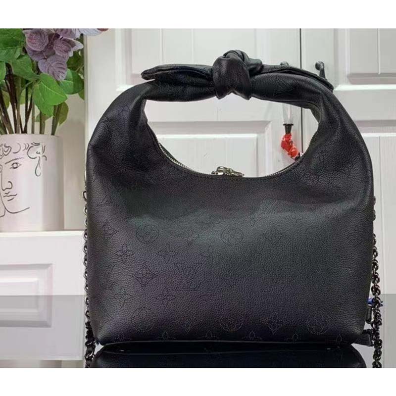 Louis Vuitton LV Women Why Knot PM Handbag Black Perforated Mahina Calf Leather