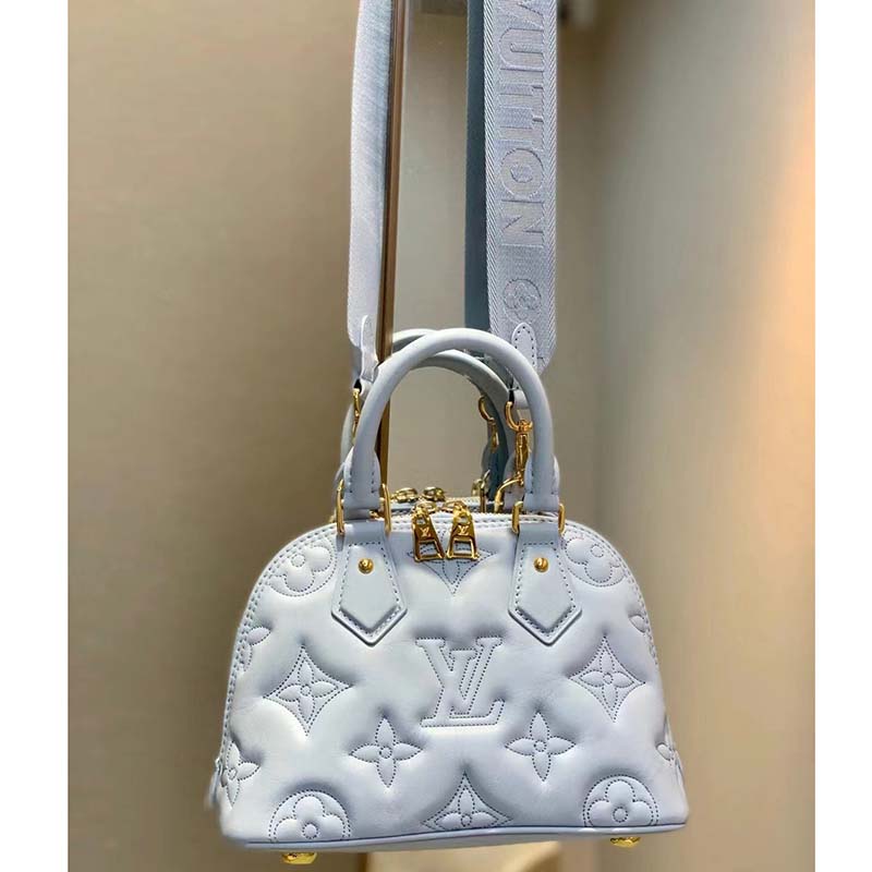 Louis Vuitton LV Women Alma BB Handbag Blue Quilted Embroidered Smooth Calf