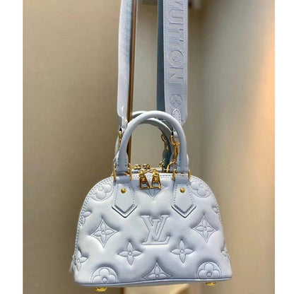 Louis Vuitton LV Women Alma BB Handbag Blue Quilted Embroidered Smooth Calf