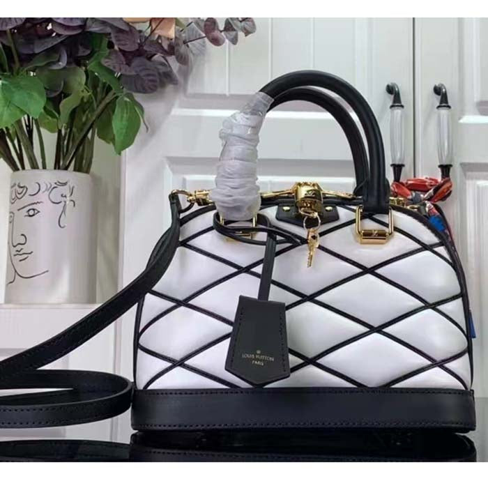 Louis Vuitton LV Women Alma BB Handbag White Black Lamb Cowhide Leather