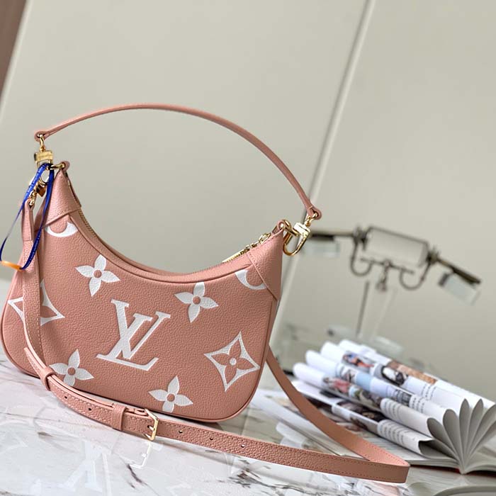 Louis Vuitton LV Women Bagatelle Mini Hobo Handbag Pink Embossed Grained Cowhide Leather