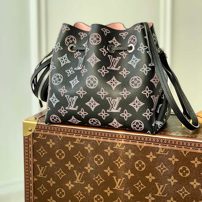Louis Vuitton LV Women Bella Bucket Bag Black Perforated Mahina Calf Leather
