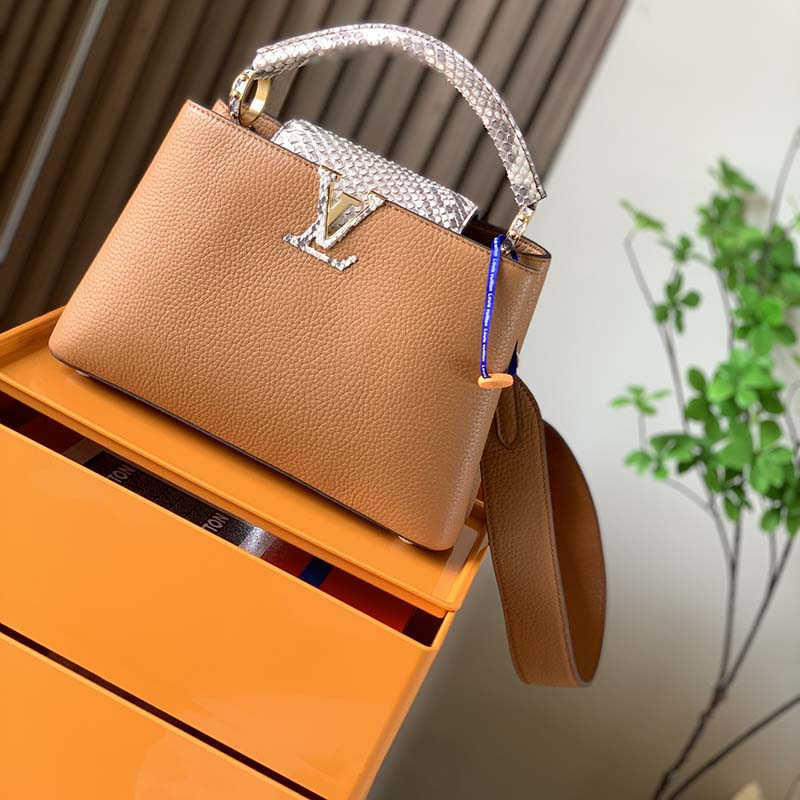Louis Vuitton LV Women Capucines BB Handbag Brown Taurillon Python Skin Leather