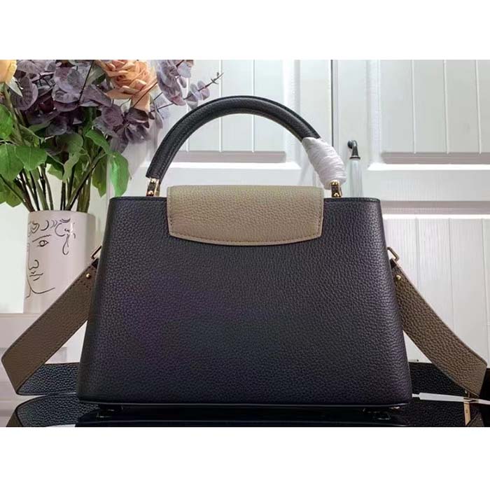Louis Vuitton LV Women Capucines MM Handbag Black Fusain Cognac Taurillon Cowhide Leather