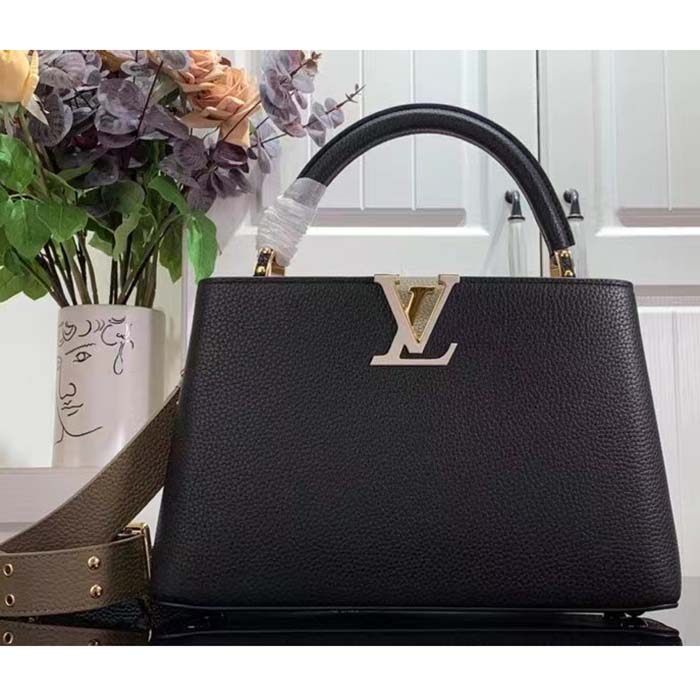 Louis Vuitton LV Women Capucines MM Handbag Black Fusain Cognac Taurillon Cowhide Leather
