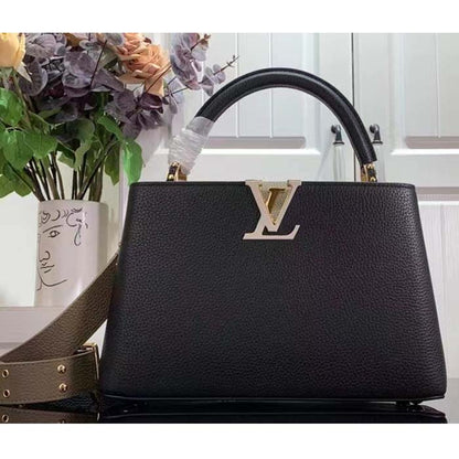 Louis Vuitton LV Women Capucines MM Handbag Black Fusain Cognac Taurillon Cowhide Leather