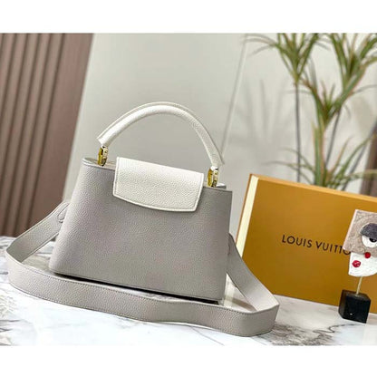 Louis Vuitton LV Women Capucines MM Handbag Steeple Gray Greige Taurillon Leather