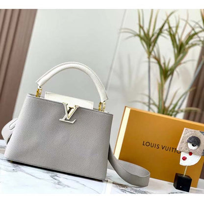 Louis Vuitton LV Women Capucines MM Handbag Steeple Gray Greige Taurillon Leather