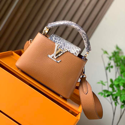 Louis Vuitton LV Women Capucines Mini Handbag Golden Yellow Taurillon Leather Python Skin