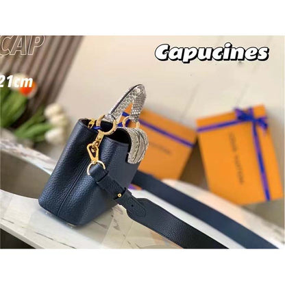 Louis Vuitton LV Women Capucines Mini Handbag Navy Taurillon Leather Python Skin
