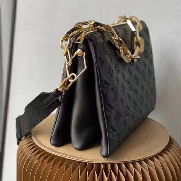 Louis Vuitton LV Women Coussin MM Handbag Black Monogram Embossed Puffy Lambskin