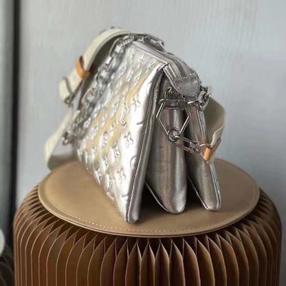 Louis Vuitton LV Women Coussin PM Handbag Silver Lambskin Cowhide Lining