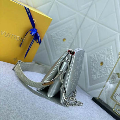 Louis Vuitton LV Women Coussin PM Handbag Silver Lambskin Cowhide Lining Zip Closure