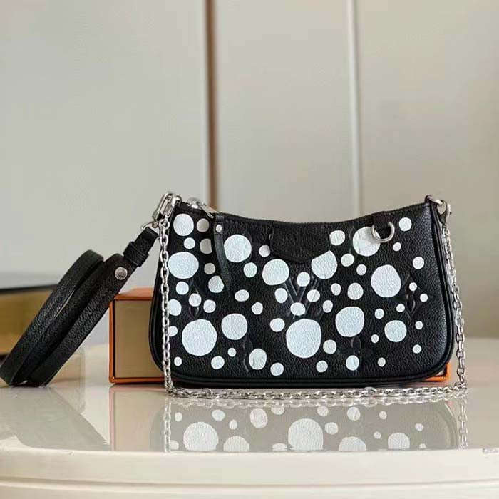 Louis Vuitton LV Women Easy Pouch On Strap Black White Embossed Grained Monogram Cowhide