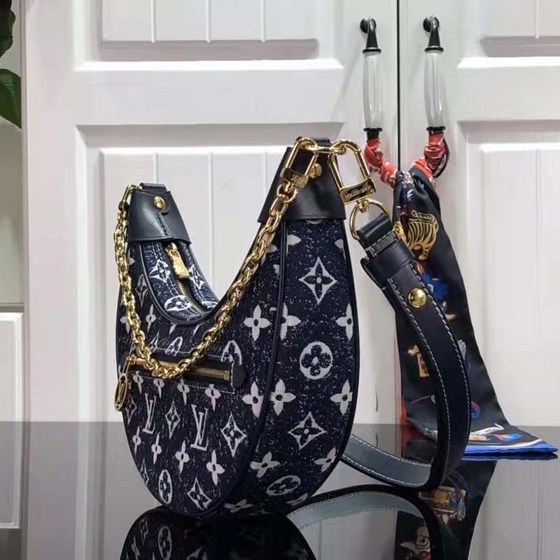 Louis Vuitton LV Women Half-Moon Loop Baguette Handbag Navy Blue Denim Jacquard