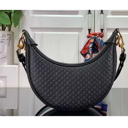 Louis Vuitton LV Women Loop Half-Moon Baguette Bag Black Calfskin Monogram Flowers