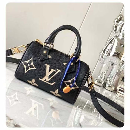 Louis Vuitton LV Women Nano Speedy Bag Black Beige Monogram Empreinte Embossed Supple Grained Cowhide Leather