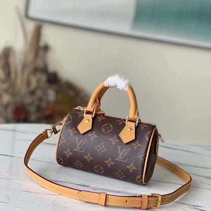 Louis Vuitton LV Women Nano Speedy Bag Brown Monogram Coated Canvas Cowhide