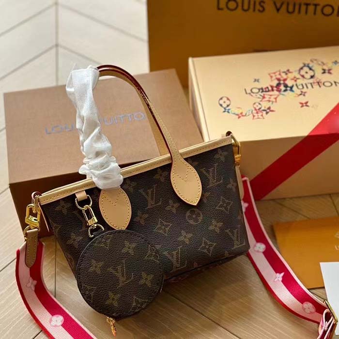 Louis Vuitton LV Women Neverfull BB Peony Pink Monogram Coated Canvas Natural Cowhide Leather