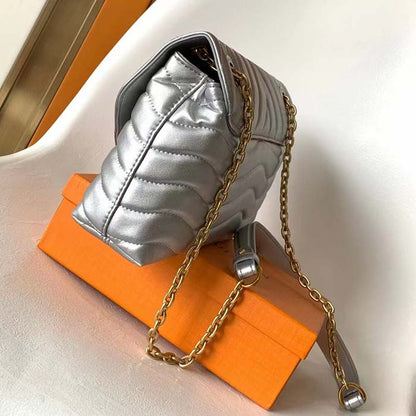 Louis Vuitton LV Women New Wave Chain Bag MM Metallic Gray Quilted Cowhide Leather