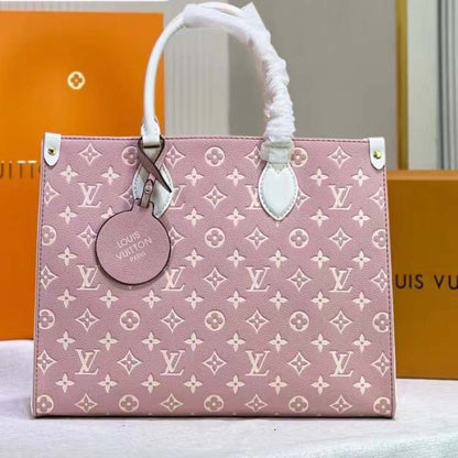 Louis Vuitton LV Women OnTheGo MM Tote Bag Pink Printed Embossed Grained Cowhide