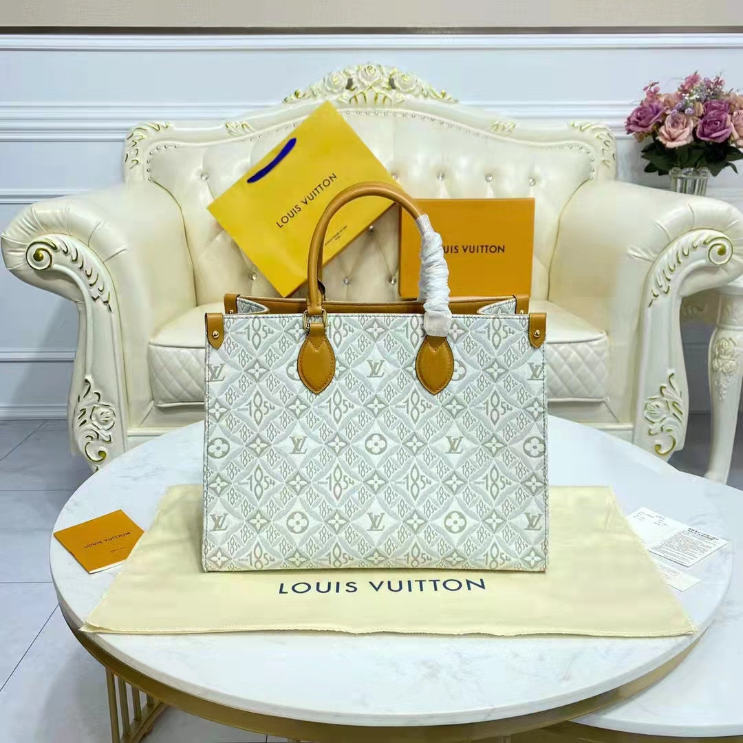 Louis Vuitton LV Women OnTheGo MM Tote Bag Since 1854 Jacquard Cowhide Leather