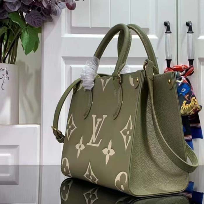 Louis Vuitton LV Women Onthego PM Light Khaki Cream Monogram Empreinte Embossed Grained Cowhide Leather