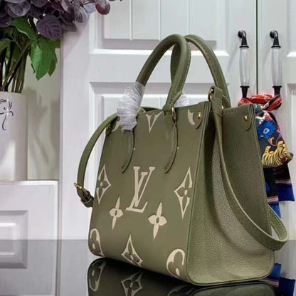 Louis Vuitton LV Women Onthego PM Light Khaki Cream Monogram Empreinte Embossed Grained Cowhide Leather