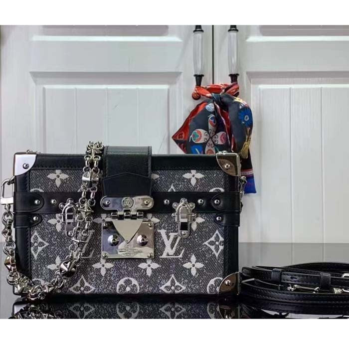 Louis Vuitton LV Women Petite Malle Handbag Gray Denim Textile Jacquard