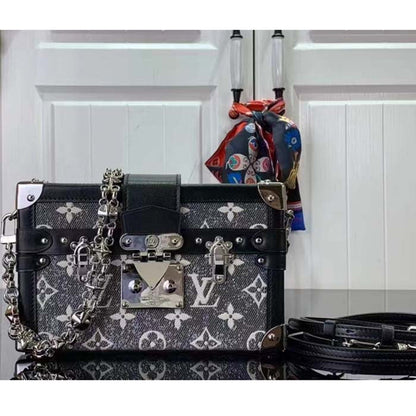 Louis Vuitton LV Women Petite Malle Handbag Gray Denim Textile Jacquard