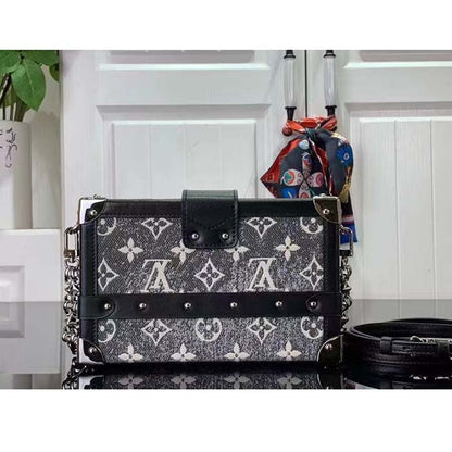 Louis Vuitton LV Women Petite Malle Handbag Gray Denim Textile Jacquard