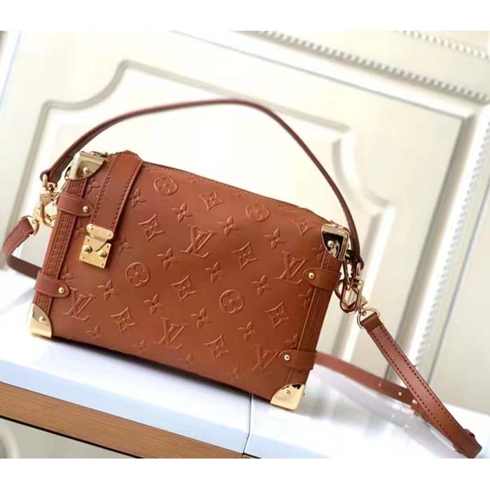 Louis Vuitton LV Women Side Trunk PM Handbag Petite Malle Tan Brown Calfskin