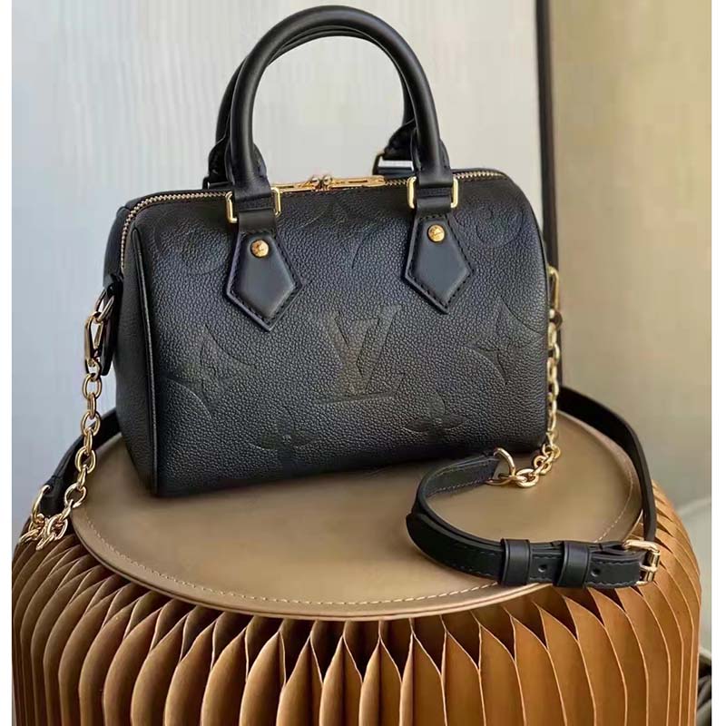 Louis Vuitton LV Women Speedy Bandoulière 20 Black Embossed Grained Cowhide Leather