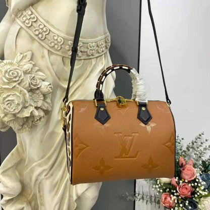Louis Vuitton LV Women Speedy Bandoulière 25 Handbag Caramel Embossed Supple Grained Cowhide