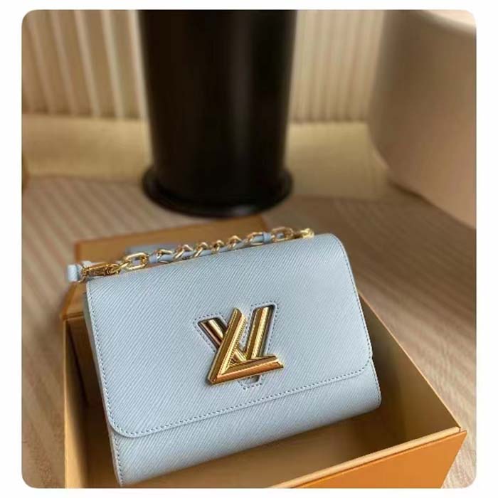 Louis Vuitton LV Women Twist MM Bleu Nuage Blue Epi Grained Smooth Cowhide Leather