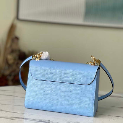 Louis Vuitton LV Women Twist MM Handbag Bleu Nuage Blue Epi Grained Leather