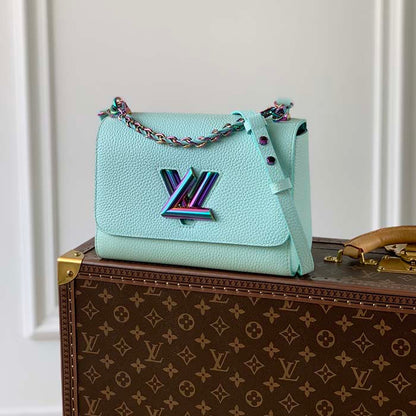 Louis Vuitton LV Women Twist MM Handbag Blue Grained Calfskin Leather