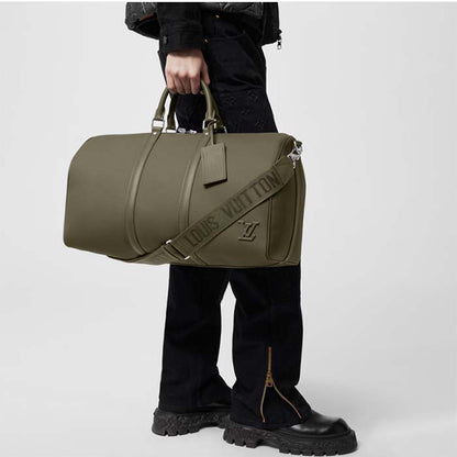 Louis Vuitton Unisex Keepall Bandoulière 50 Travel Bag Khaki LV Aerogram Cowhide Leather