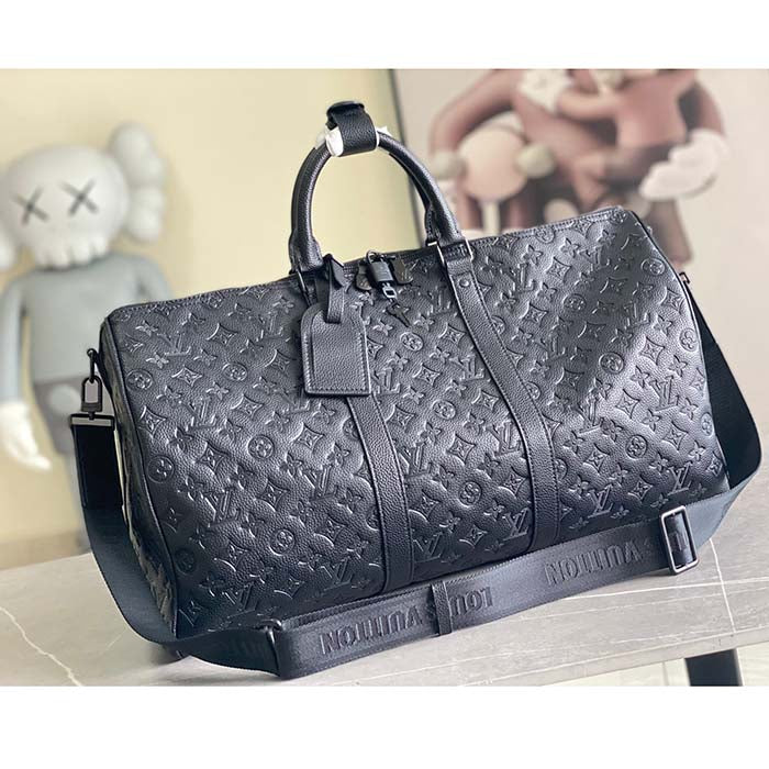 Louis Vuitton Unisex LV Keepall Bandoulière 50 Black Monogram Shadow Embossed Leather Cowhide