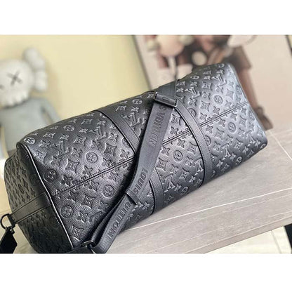 Louis Vuitton Unisex LV Keepall Bandoulière 50 Black Monogram Shadow Embossed Leather Cowhide