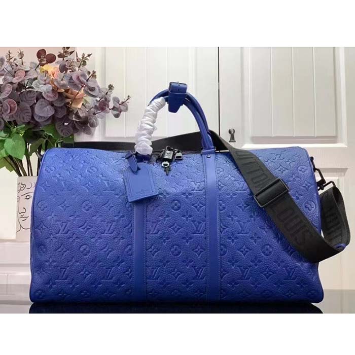 Louis Vuitton Unisex LV Keepall Bandoulière 50 Racing Blue Embossed Taurillon Monogram Cowhide Leather