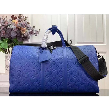 Louis Vuitton Unisex LV Keepall Bandoulière 50 Racing Blue Embossed Taurillon Monogram Cowhide Leather