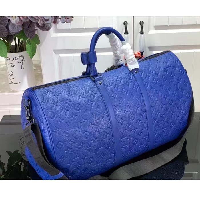 Louis Vuitton Unisex LV Keepall Bandoulière 50 Racing Blue Embossed Taurillon Monogram Cowhide Leather